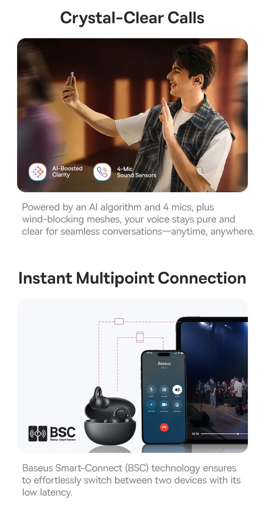 Open-ear clip earbuds with charging case beside smartphone call and connection screens