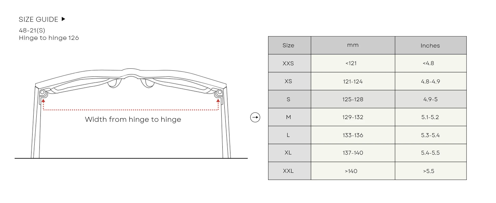 Sunglasses size guide diagram with width and hinge-to-hinge measurement table.