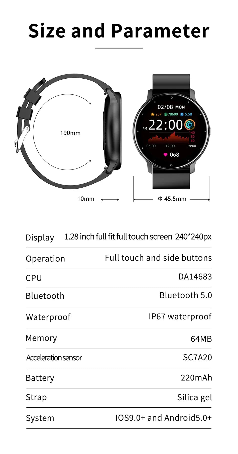 KaiAqua X27 fitness smartwatch with 1.28-inch AMOLED display and black silica gel strap