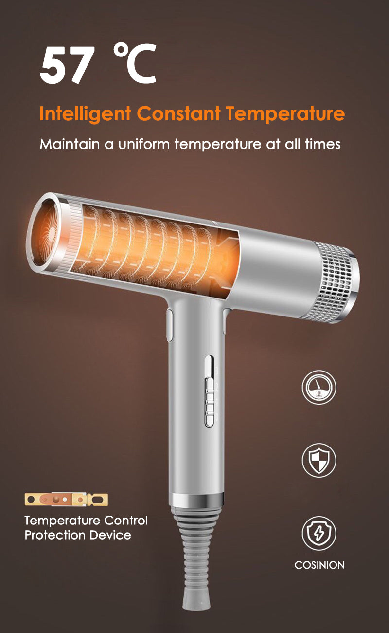 Professional hair dryer in silver with concentrator nozzle and handle controls