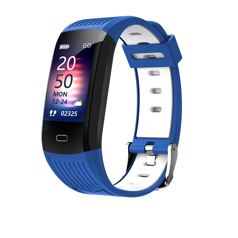 Sport smart watch with blue silicone strap and dark screen on display