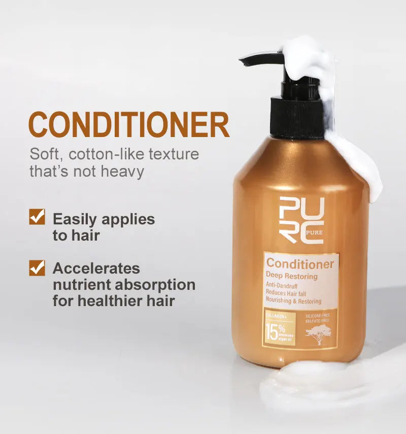Conditioner bottle with black pump, amber bottle with foamy white top