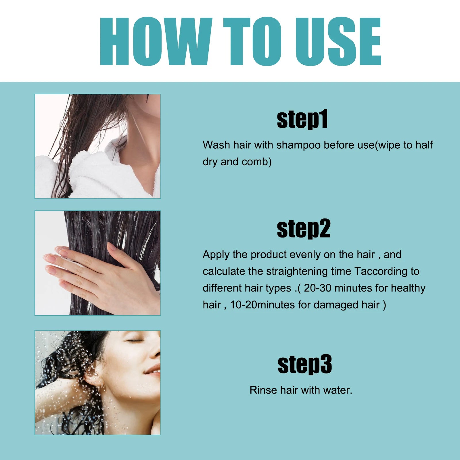 Keratin Straightening Cream by Cedar & Moore three-step usage guide infographic for frizzy hair.
