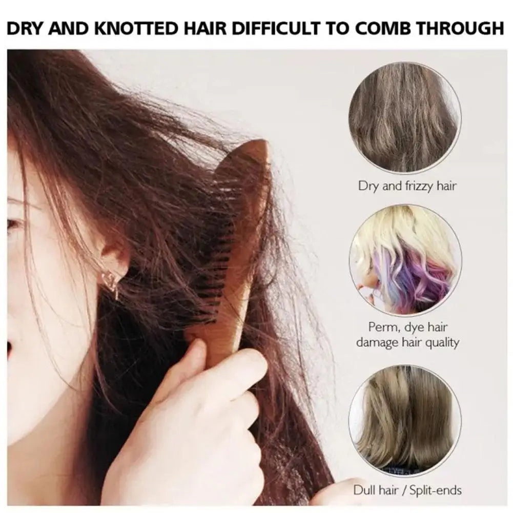 Hair serum for dry, tangled hair; close-up of knots and product label callouts.