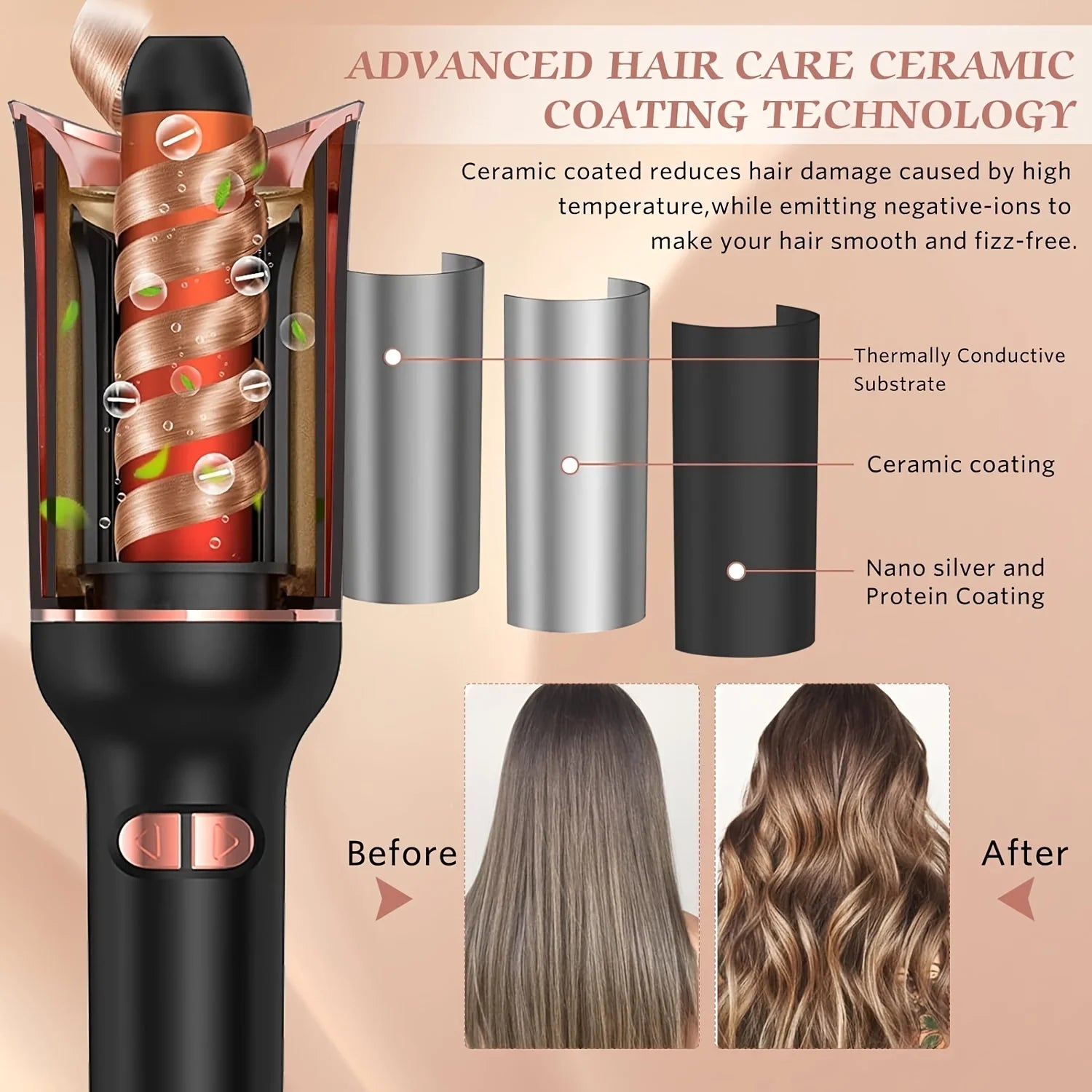 Automatic Hair Curling Iron - Ceramic Rotating Air Spin Wand Styler with Magic Curl Technology