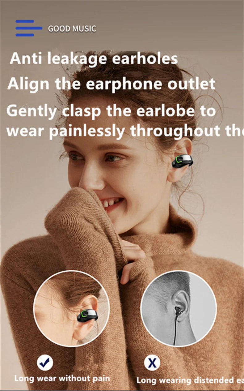 Clip-On Wireless Earphone - Bluetooth 5.3 Open-Ear Design with Noise Cancelling & Mic
