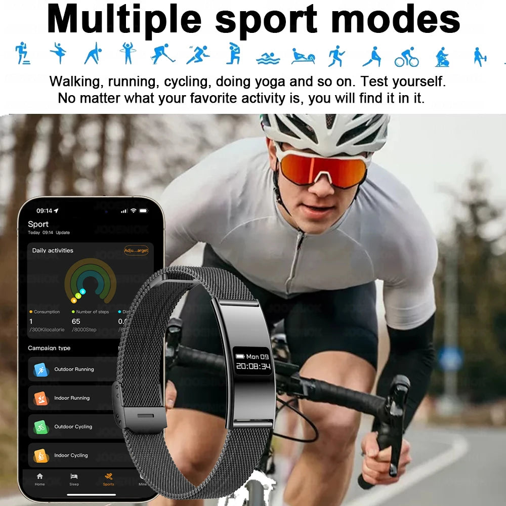 Smart fitness tracker bracelet on arm with metal mesh strap