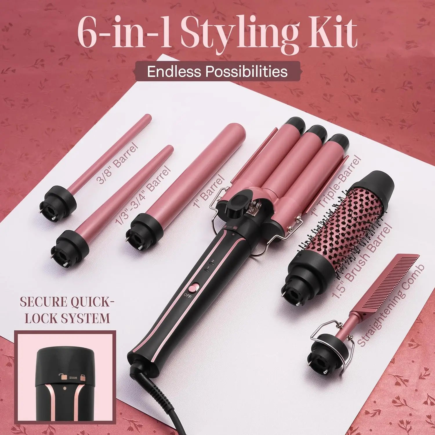 Rose-gold 6-in-1 styling kit with multiple barrels, brush barrel, and straightening comb