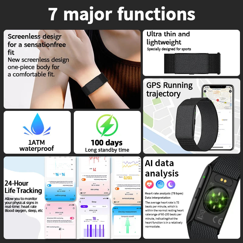 Black fitness smart bracelet with slim textured strap and feature icons on display.