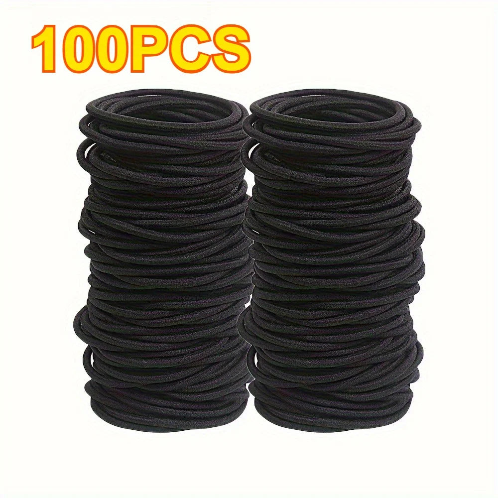 50/100pcs 3mm Black Small Elastic Hair Ties - Ponytail Holders for Thick & Curly Hair