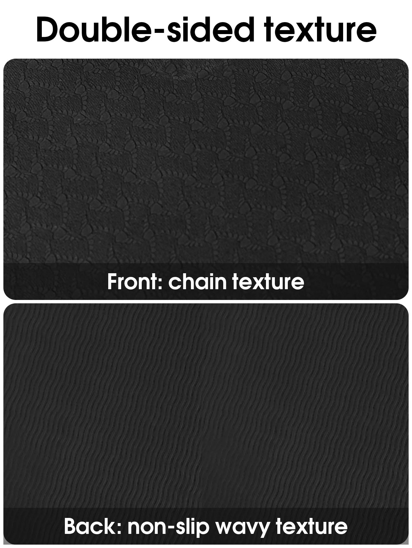 Black yoga mat with two different textured sides: raised pattern and wavy non-slip.