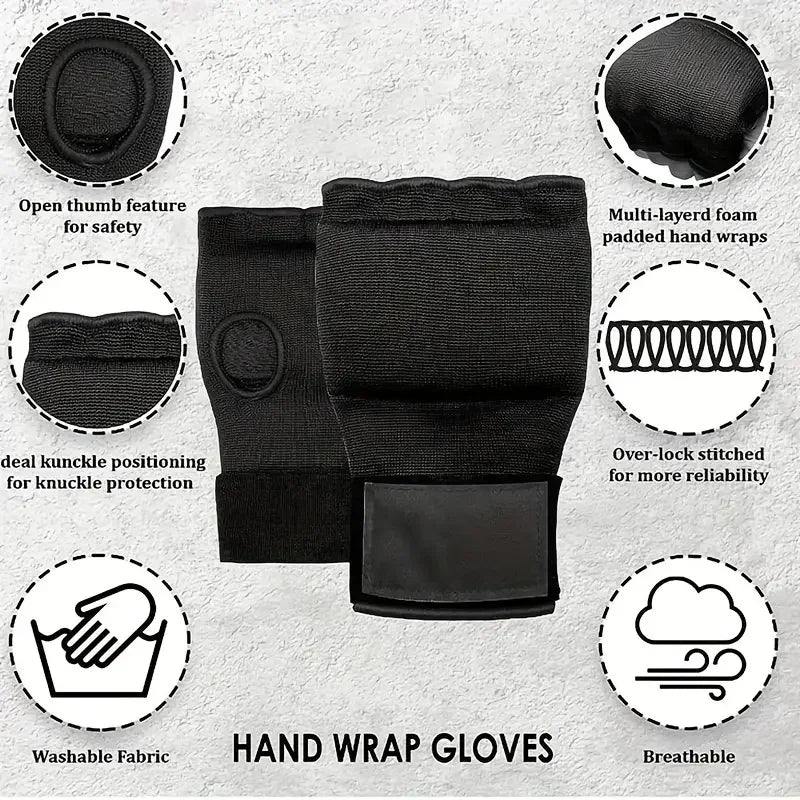 Black half finger boxing hand wrap gloves with open thumb and multi-layer padded wrist wrap.