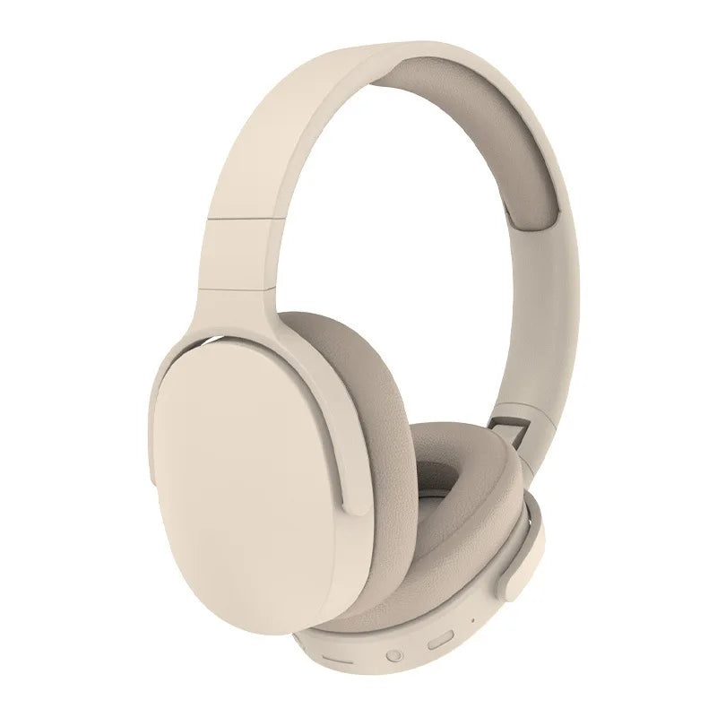 Bluetooth sports headphones, over-ear design in light beige with cushioned ear pads