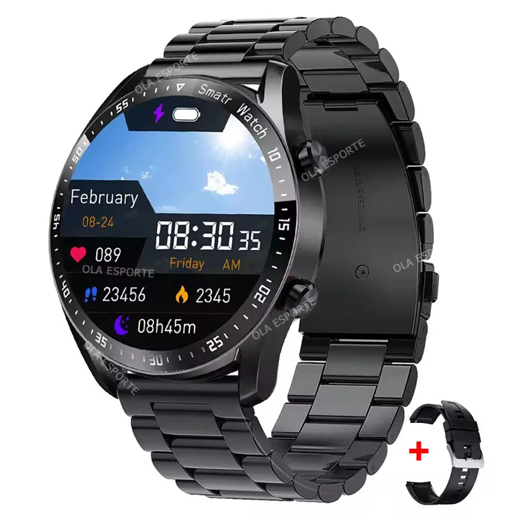 Ola Esporte smart watch, Cedar & Moore, black stainless-steel band with extra strap, 1.5-inch round display
