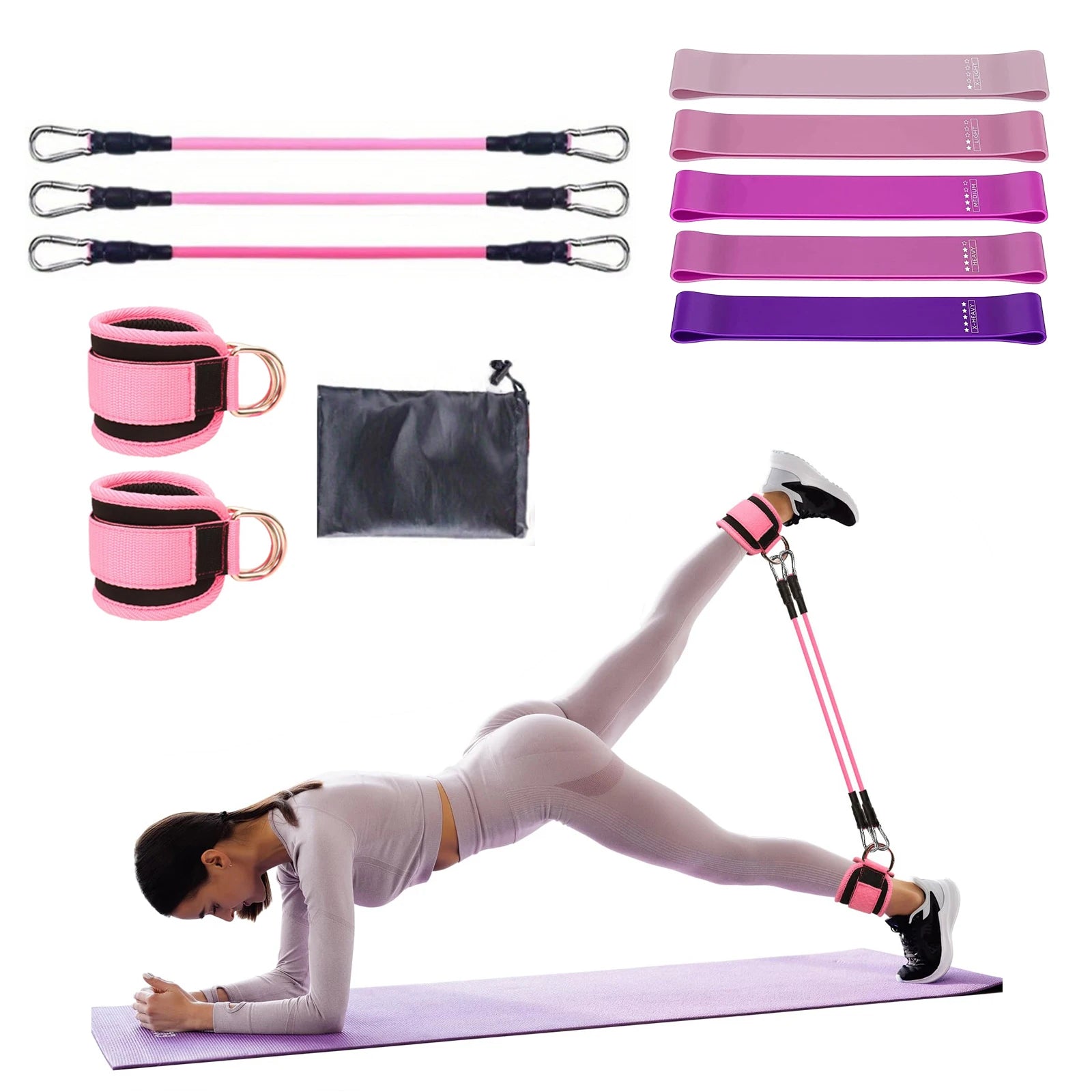 Pink resistance band set with ankle cuffs and hip trainer, used during leg exercise