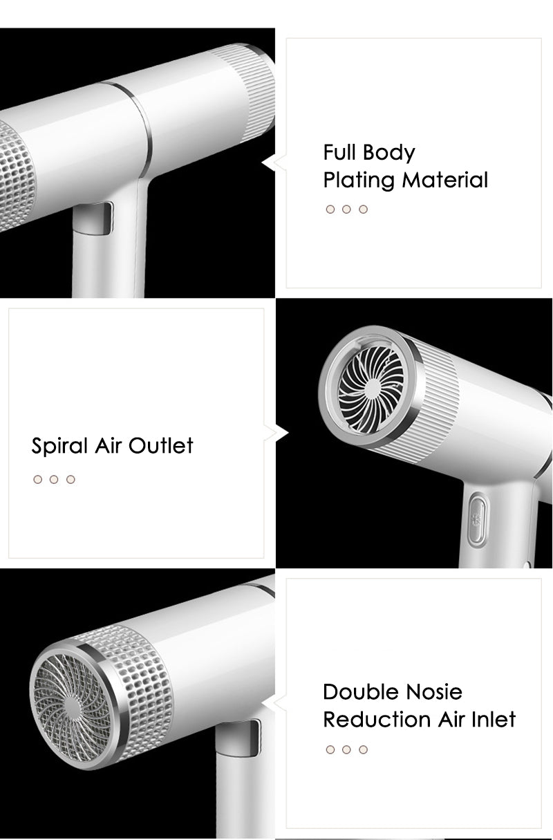 Hair dryer design details: full body plating, spiral air outlet, and double nozzle