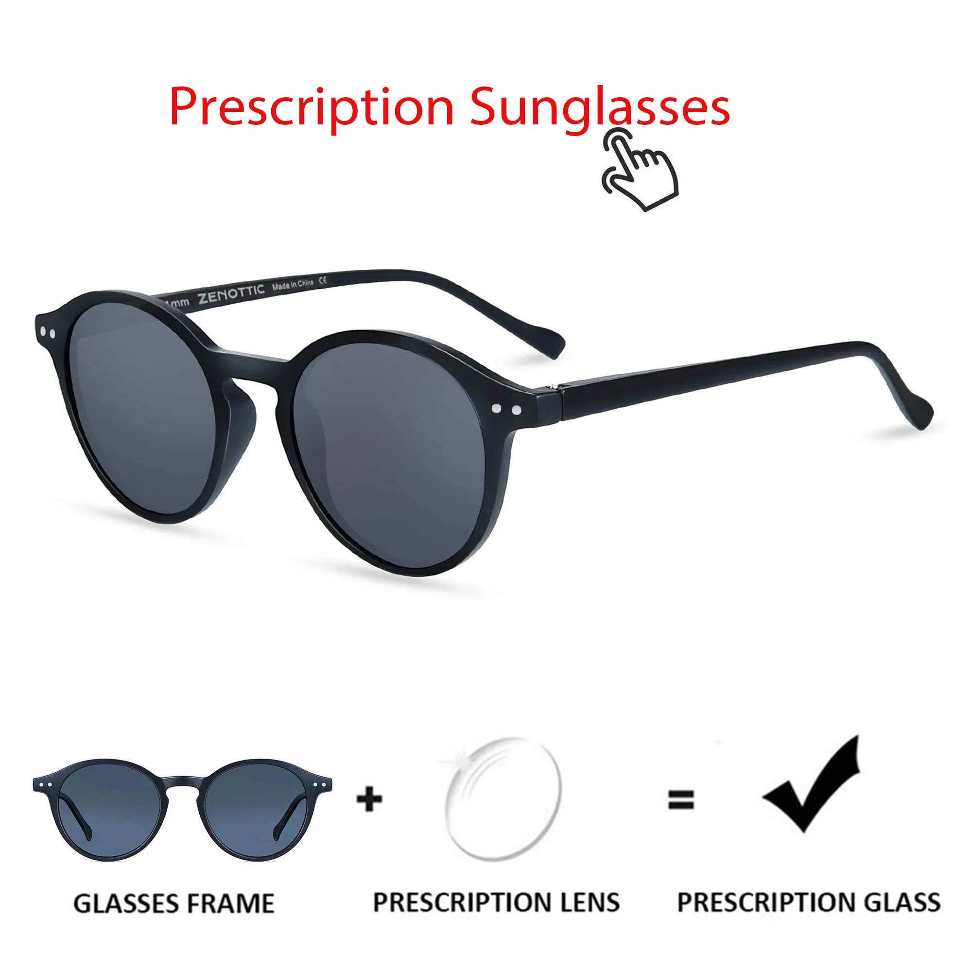 Retro round sunglasses with dark lenses and black frame, prescription lens display shown