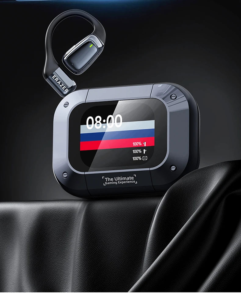 Black earbuds and charging case with LCD touch screen showing time display