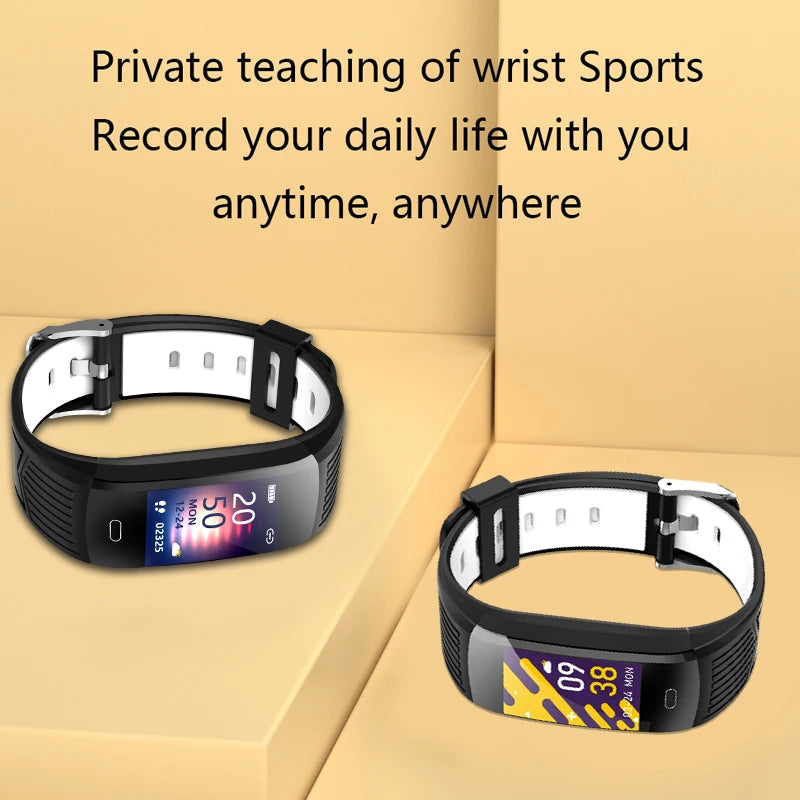 Sport smart watch with black strap and white band lining, front and side views