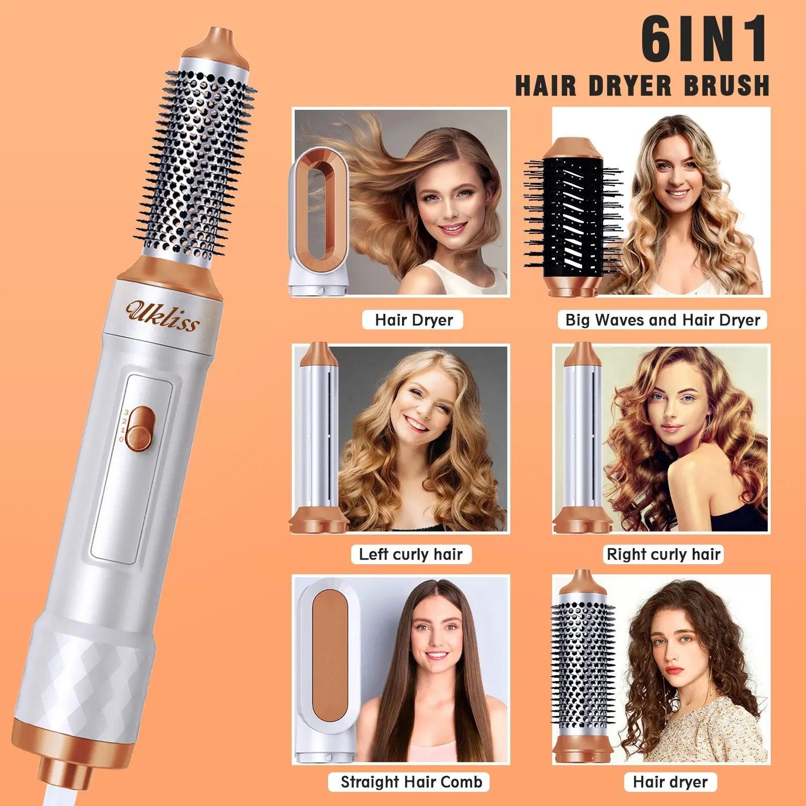 6-in-1 Hair Dryer Brush - Electric Blow Dryer Kit with Negative Ionic Styling & Curling Wand