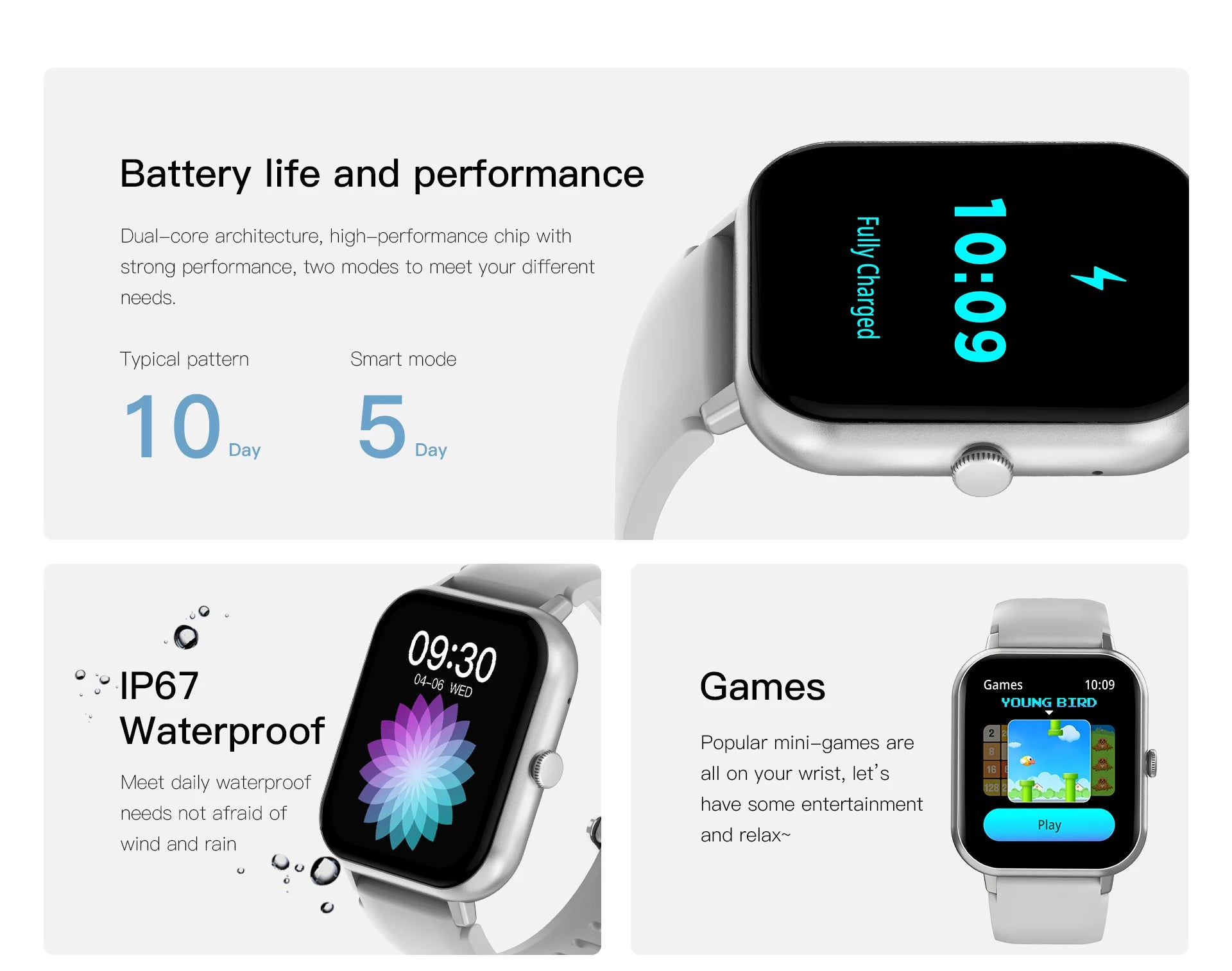 Smartwatch with black screen and light gray strap, showing battery and waterproof icons
