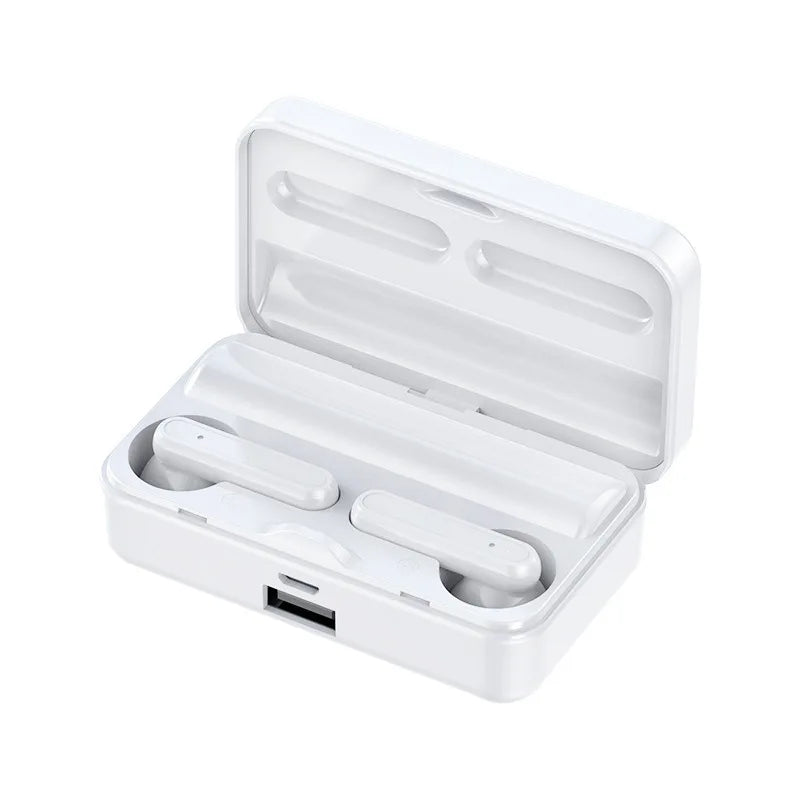 Wireless earphones charging case in white with earbuds inside, open lid
