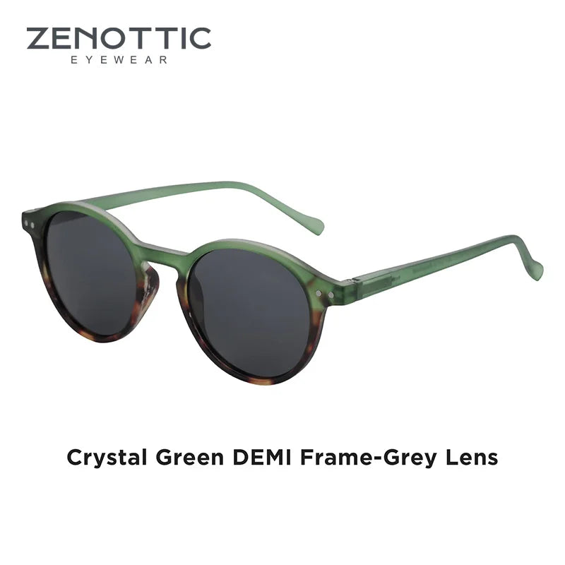 Small round sunglasses with translucent green frame and dark grey lenses