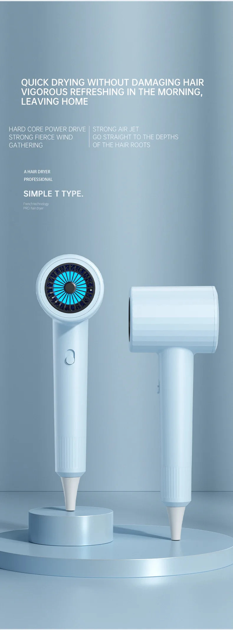 Blue hair dryer with circular rear grille and detachable air nozzle, side view