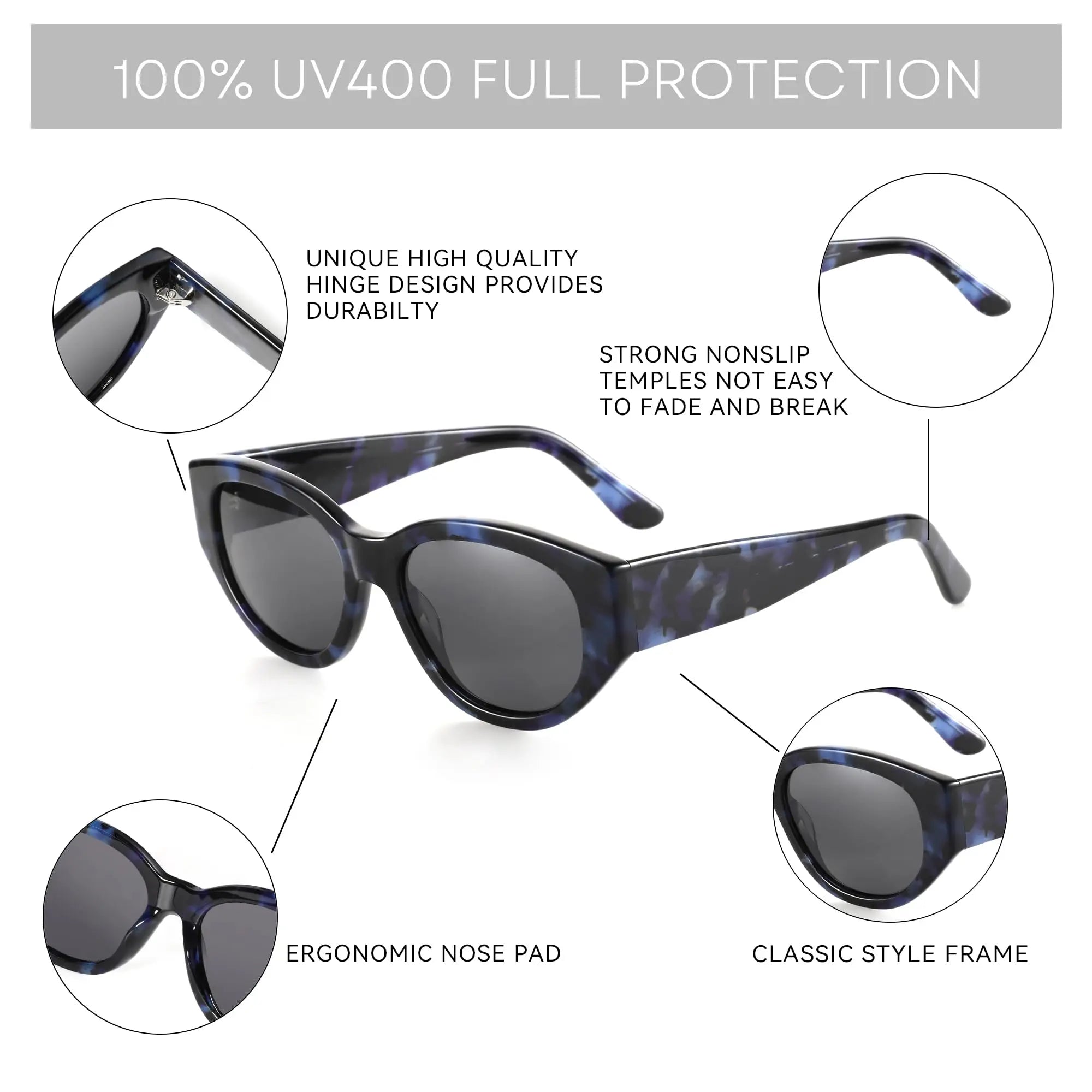 Women's cat-eye sunglasses with black-and-blue patterned frame, angled view