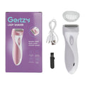 Lady shaver kit with purple box, white epilator, charging cord, and spare comb head