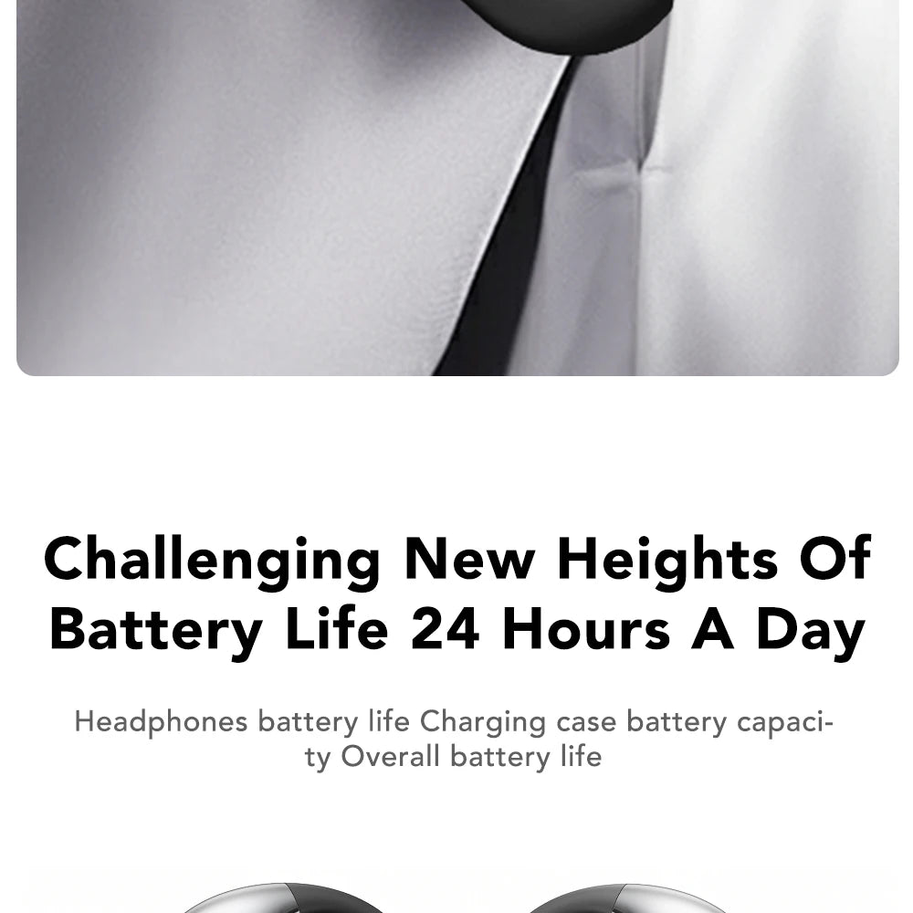 Black wireless earbuds partially visible at the bottom of a lifestyle photo
