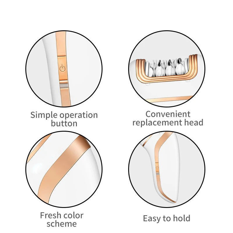 Electric epilator showing power button and replacement head with rose-gold accents