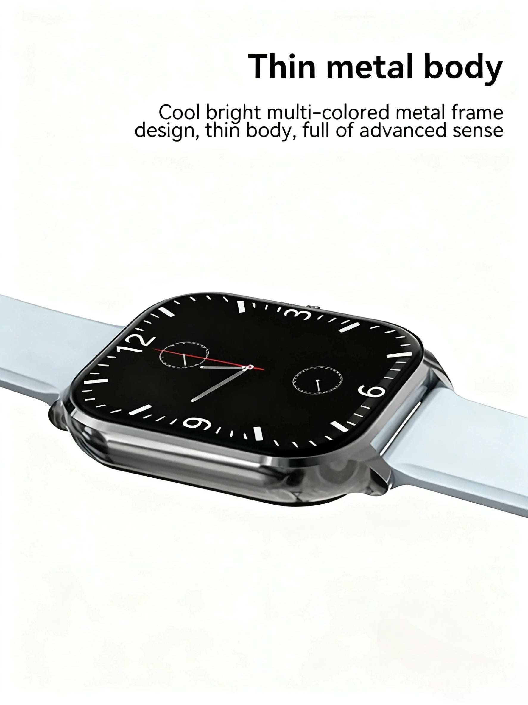 Thin smartwatch with black dial and light grey band, close-up side view of the frame