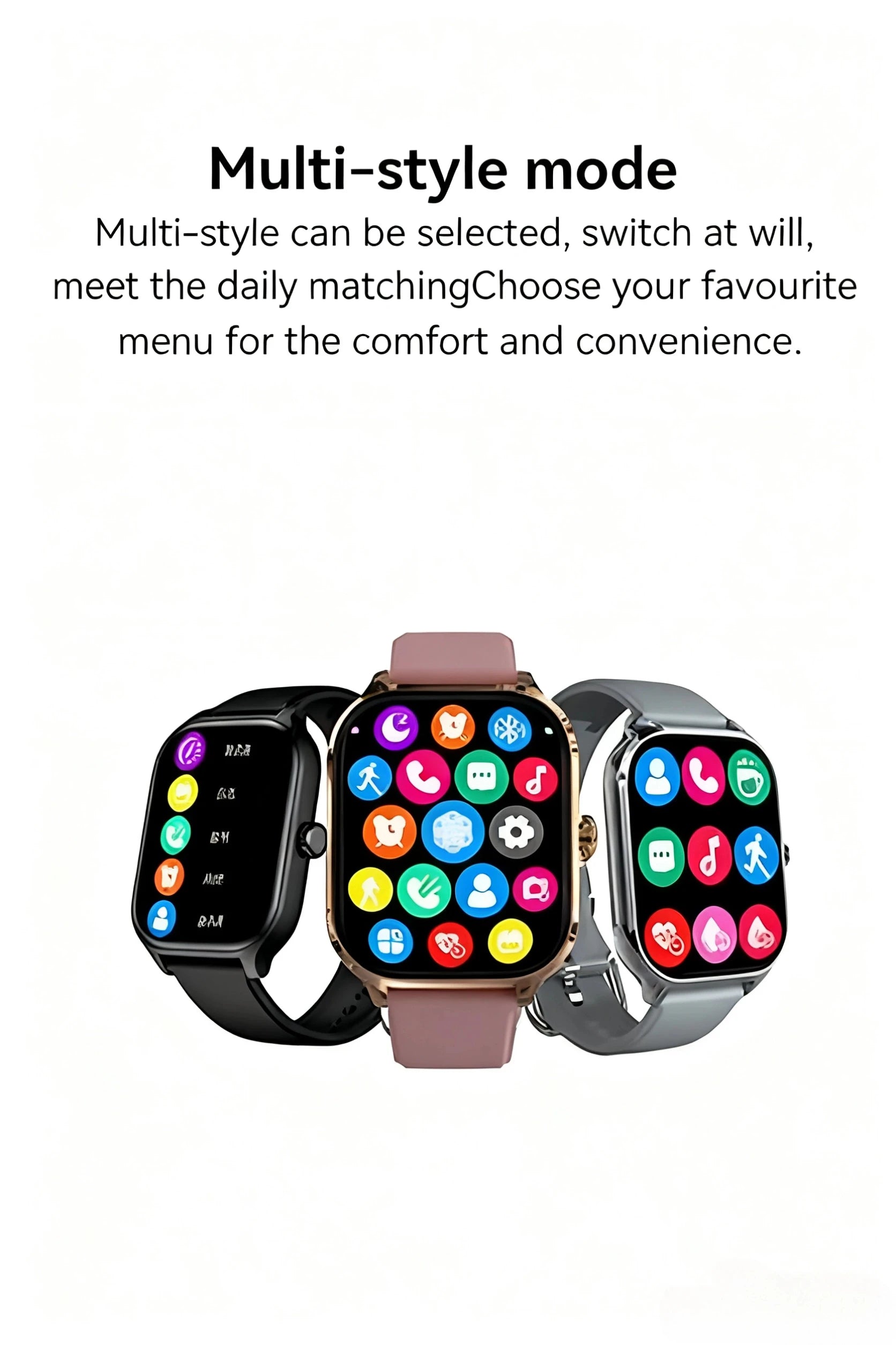 Intelligent health tracking watch with colorful menu icons and two-tone bands