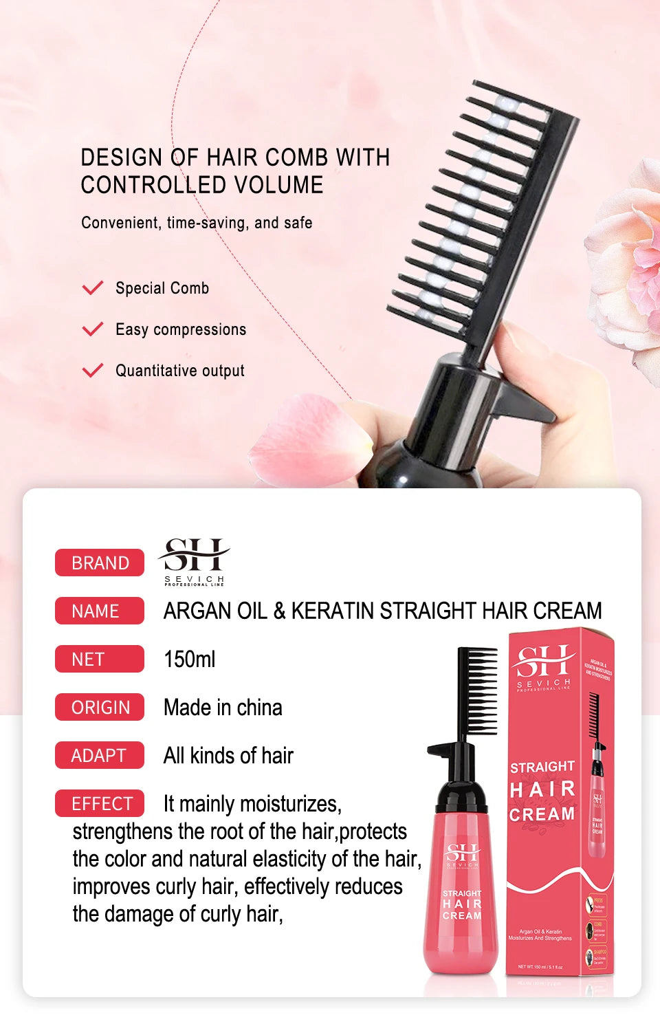 Sevich Keratin Straightening Cream with Comb, 150ml, pink bottle with boxed packaging