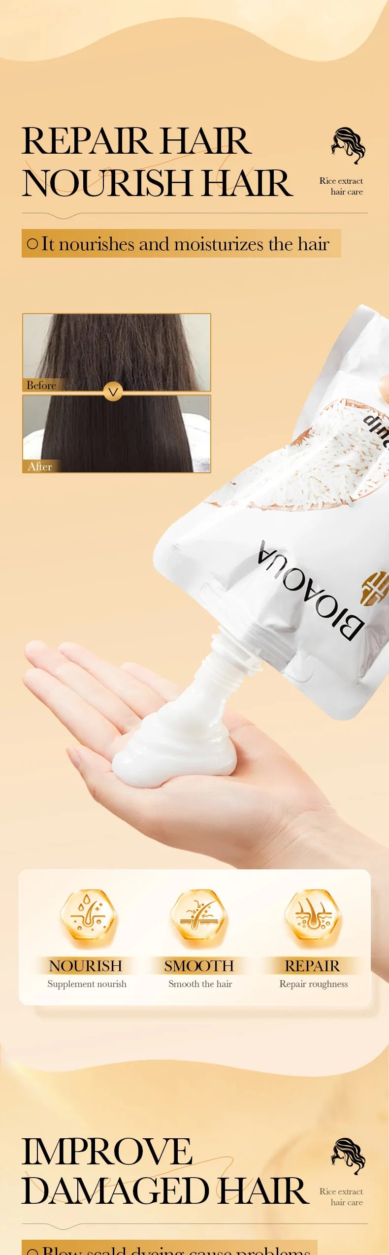 Magical Keratin Rice Hair Mask in a white sachet poured into a hand for rapid hair repair treatment