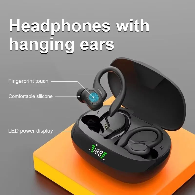 Black ear-hook earbuds with silicone tips and charging case, LED power display