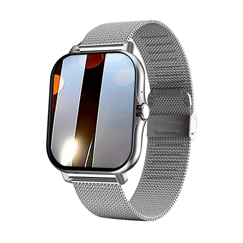 Silver-tone mini smart watch with square touchscreen and gray mesh metal band.