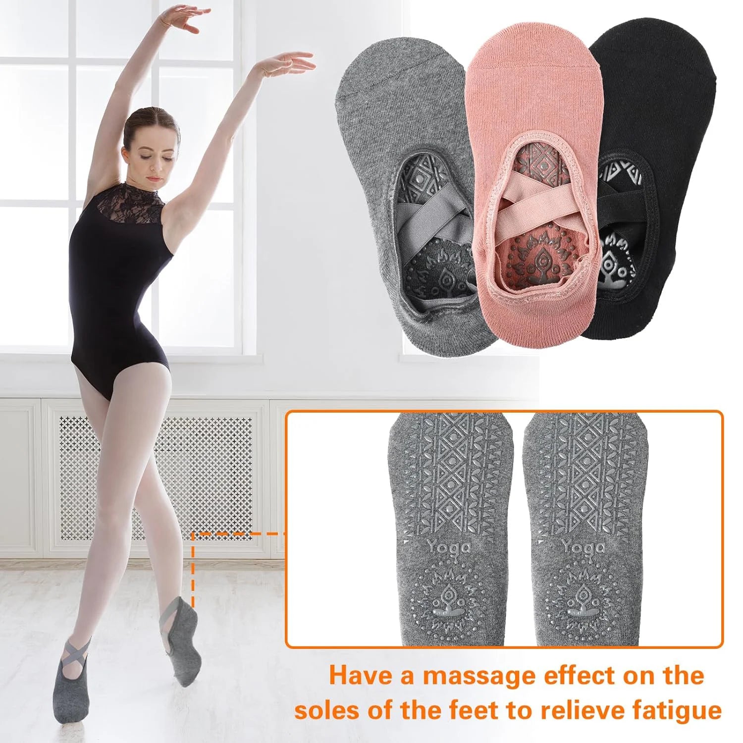 3-Pair Yoga Socks Set - Non-Slip Grip Socks with Straps for Women (Yoga, Pilates, Ballet)