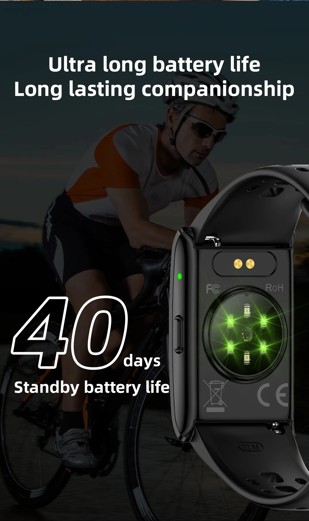 Black fitness bracelet smartwatch with illuminated display and black silicone strap