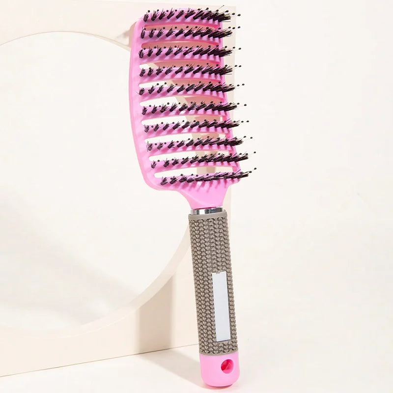 Pink detangling hairbrush with boar bristle pins and vented cushion handle
