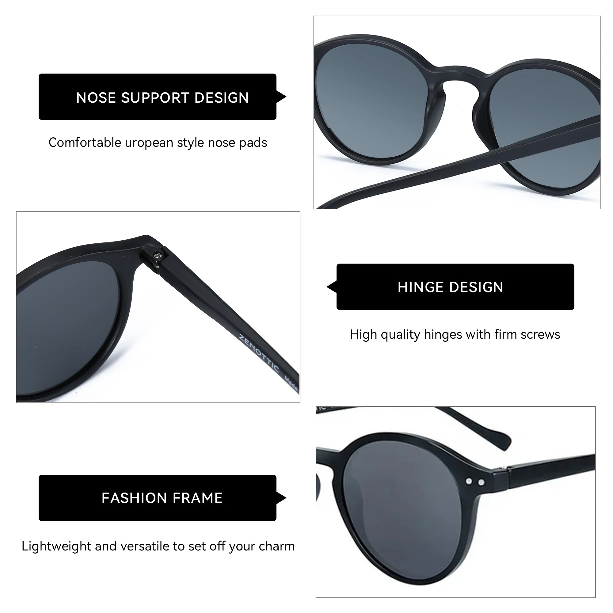 Retro round sunglasses with black frame, dark lenses, nose pads, and sturdy metal hinges.
