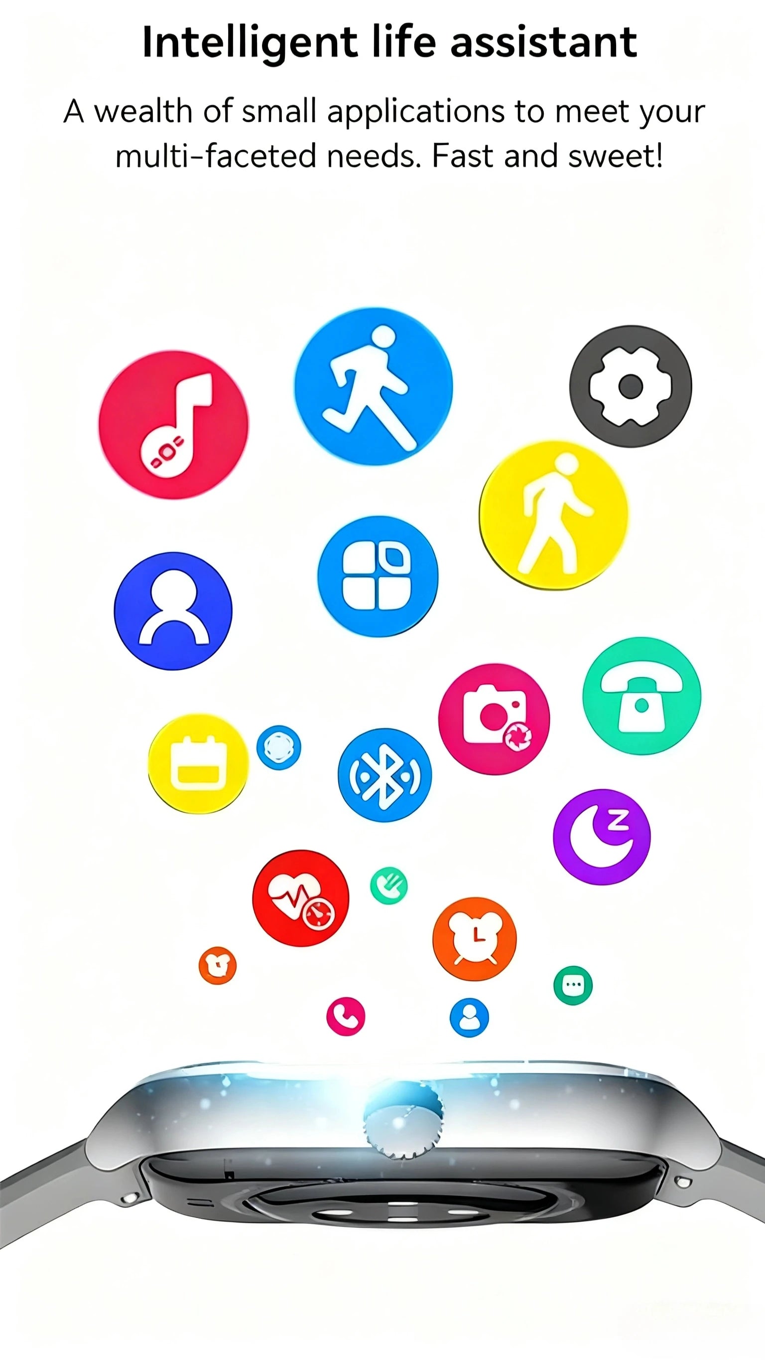 Smartwatch with grey case shown with colorful app icons around the screen