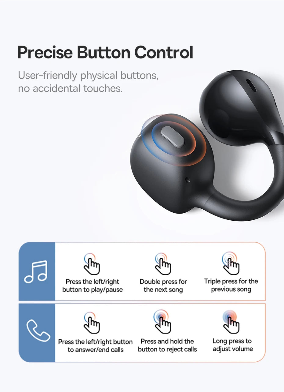 Black open-ear clip earbuds with physical control button, ear-clip style hooks