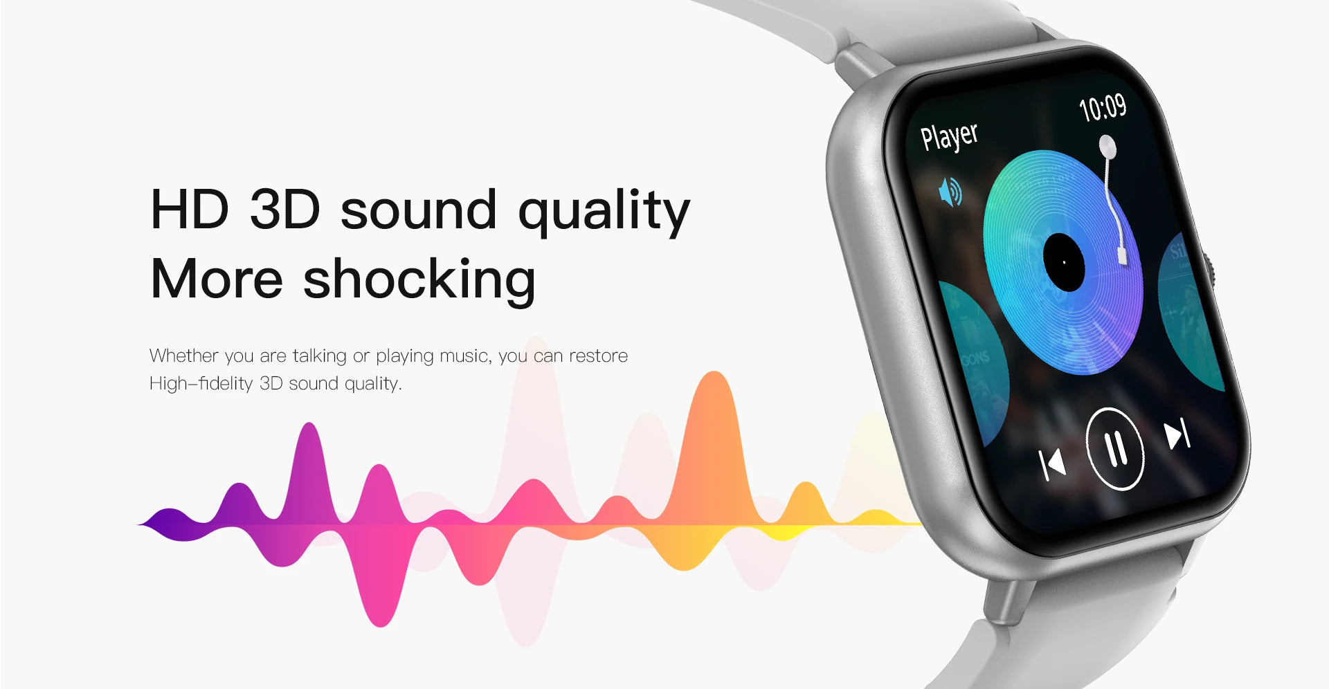 Smartwatch with silver case and dark screen, showing colorful music and playback controls
