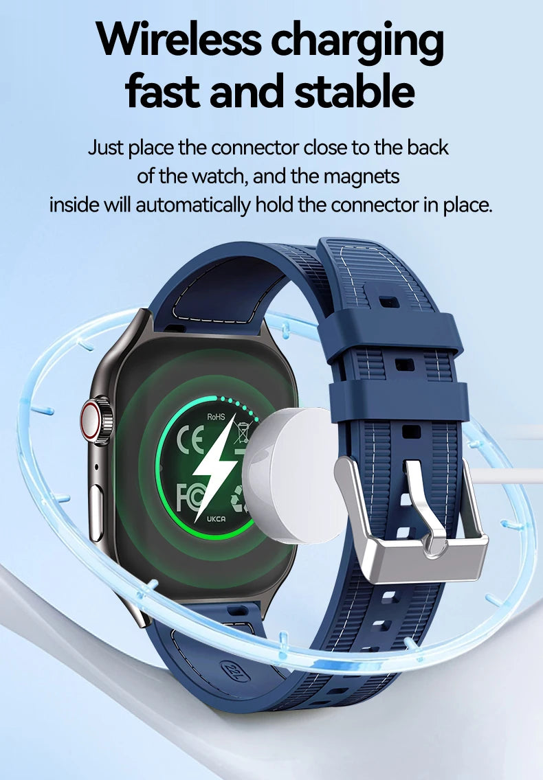 LAXASFIT H7 Smart Watch with blue silicone strap and wireless charging