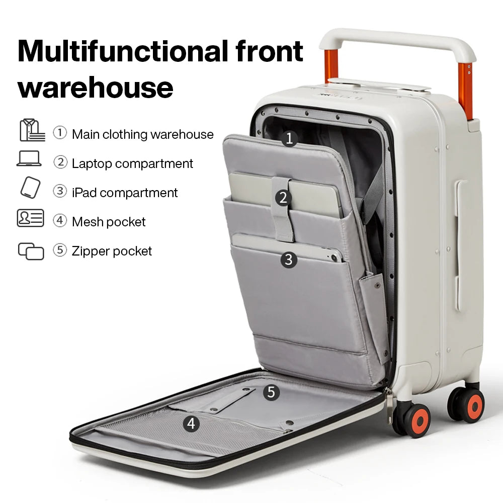 White carry-on suitcase with orange handle and open front organizer compartments, wheeled