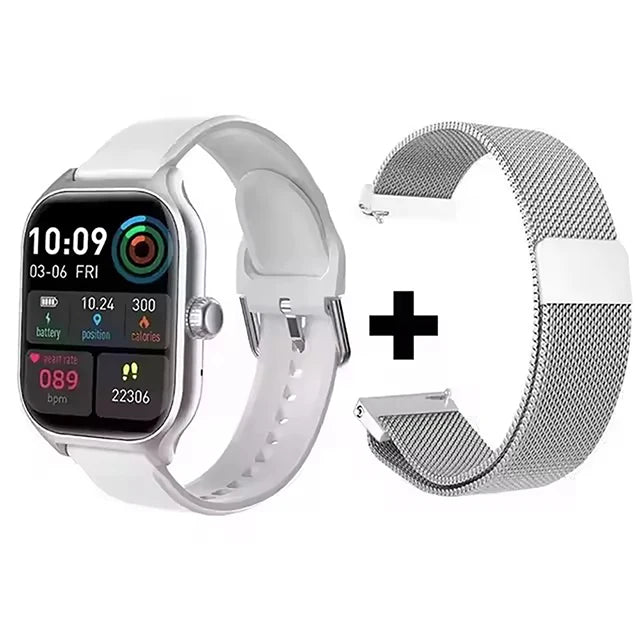 Cedar & Moore 2.01-inch Smart Watch with white silicone band and silver mesh replacement strap