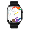 Smart watch with black silicone band, showing colorful abstract shapes on the face.