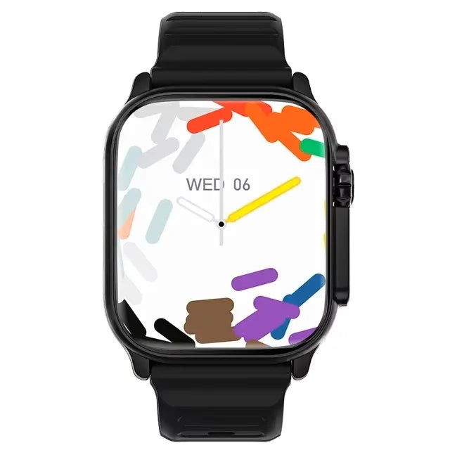 Smart watch with black silicone band, showing colorful abstract shapes on the face.